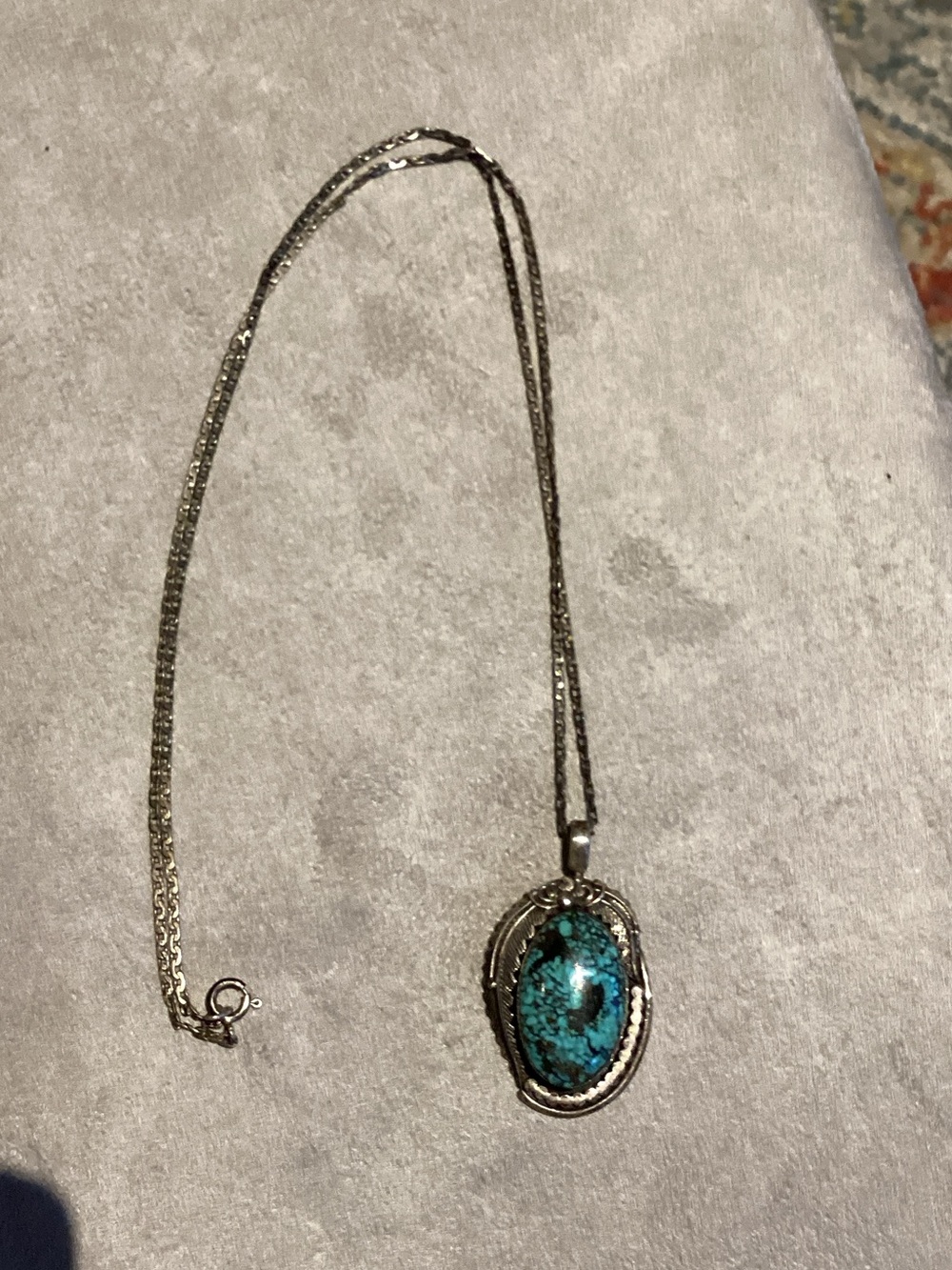 Sterling Silver Turquoise Oval Pendant Necklace - Blue Green Stone